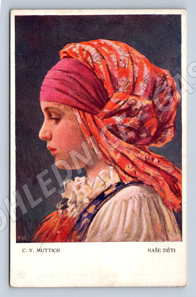 Postcard woman with red scarf CV Muttich (M3029)