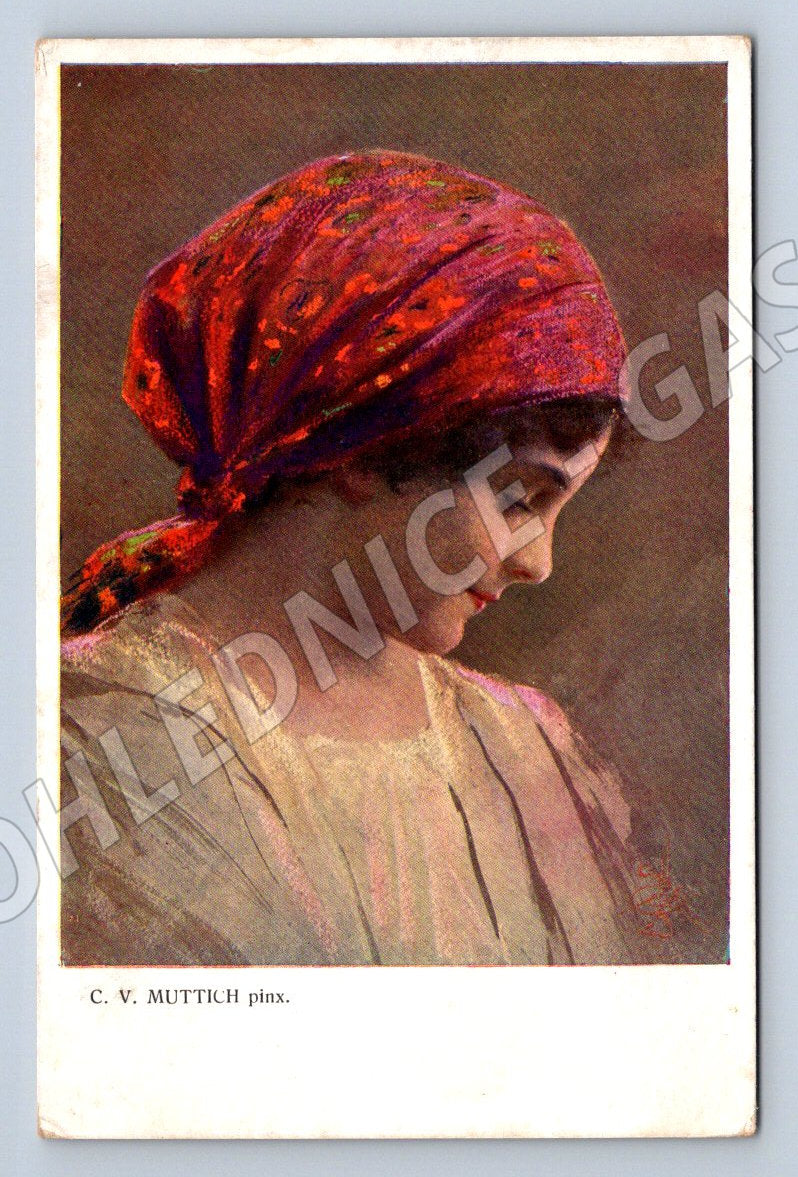 Postcard portrait of a woman with a colorful scarf (M3030)