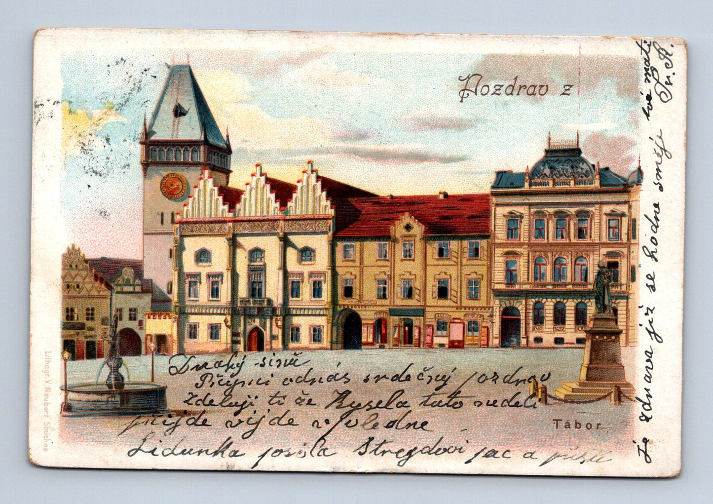 Pohlednice Tábor náměstí s věží a kašnou 1903 (M30322)
