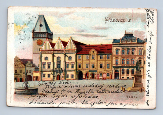 Pohlednice Tábor náměstí s věží a kašnou 1903 (M30322)