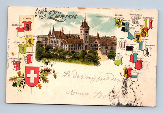 Pohlednice Švýcarsko Zürich a kantony znaky 1899 (M30339)