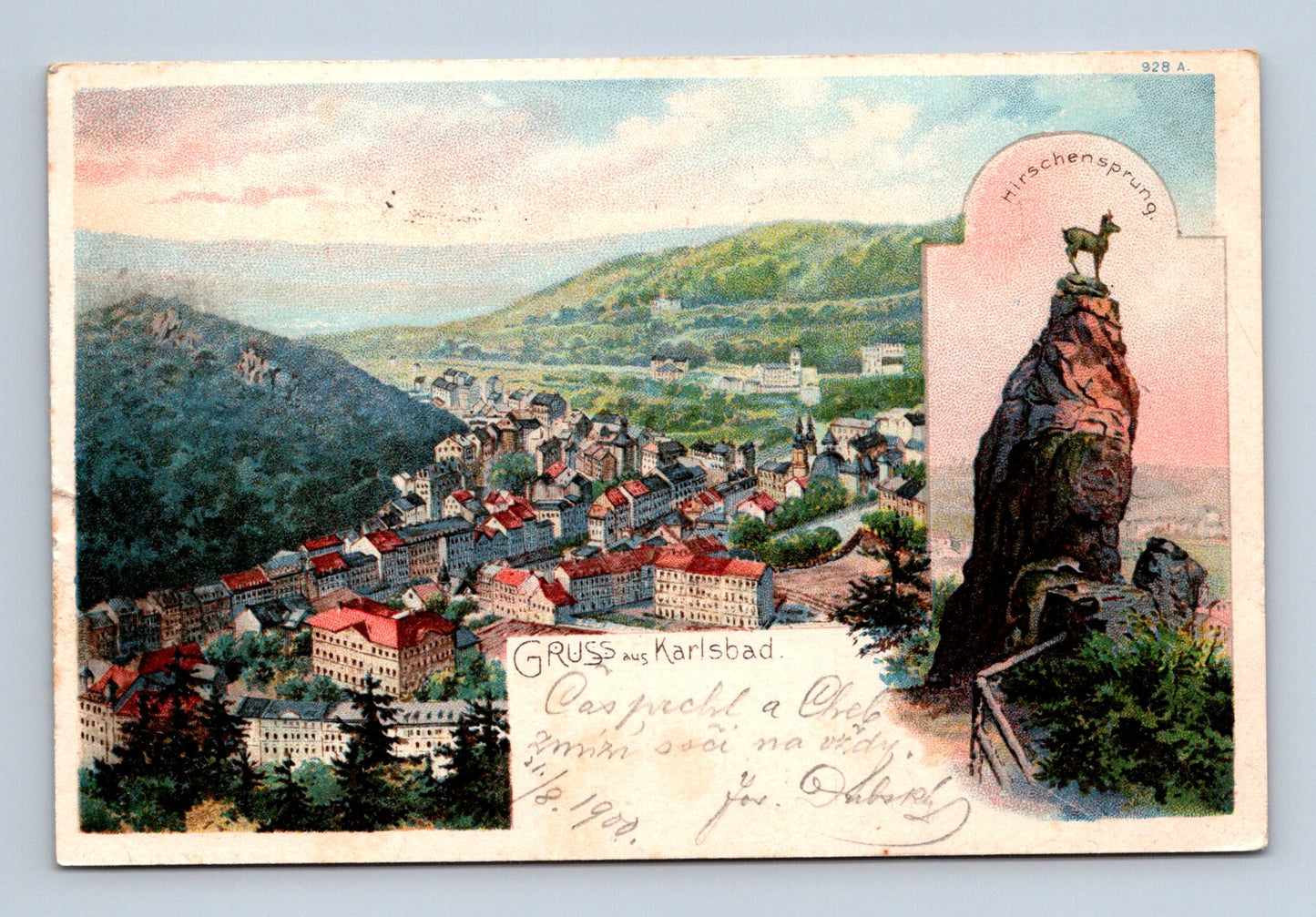 Pohlednice Karlovy Vary panorama Jelení skok 1908 (M30342)