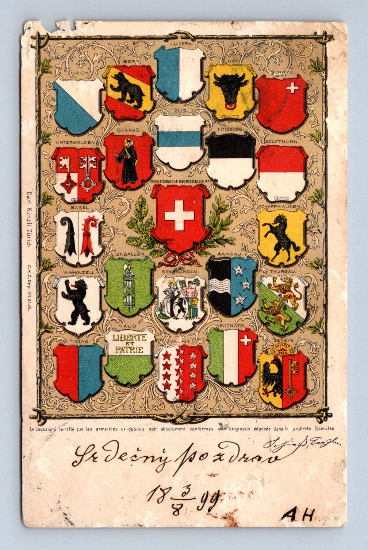Pohlednice Švýcarsko kantony erby 1899 (M30343)