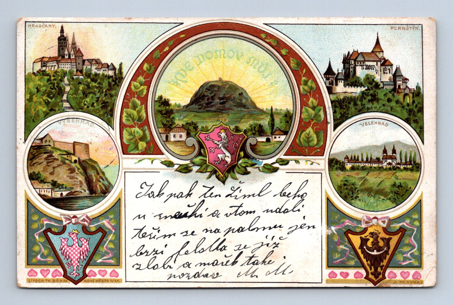 Pohlednice vlastenecká hrady Křivoklát Pernštejn Říp (M30353)