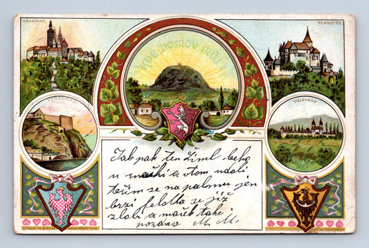 Pohlednice vlastenecká hrady Křivoklát Pernštejn Říp (M30353)