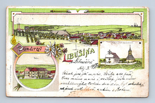 Pohlednice Libušín kostel a obec 1913 (M30360)