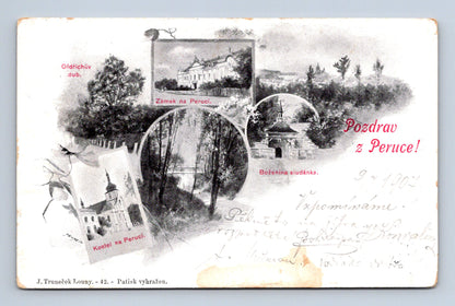 Pohlednice Peruc zámek kostel Boženina studánka 1902 (M30378)