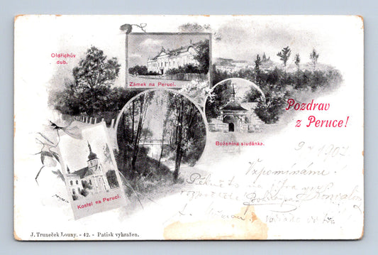 Pohlednice Peruc zámek kostel Boženina studánka 1902 (M30378)