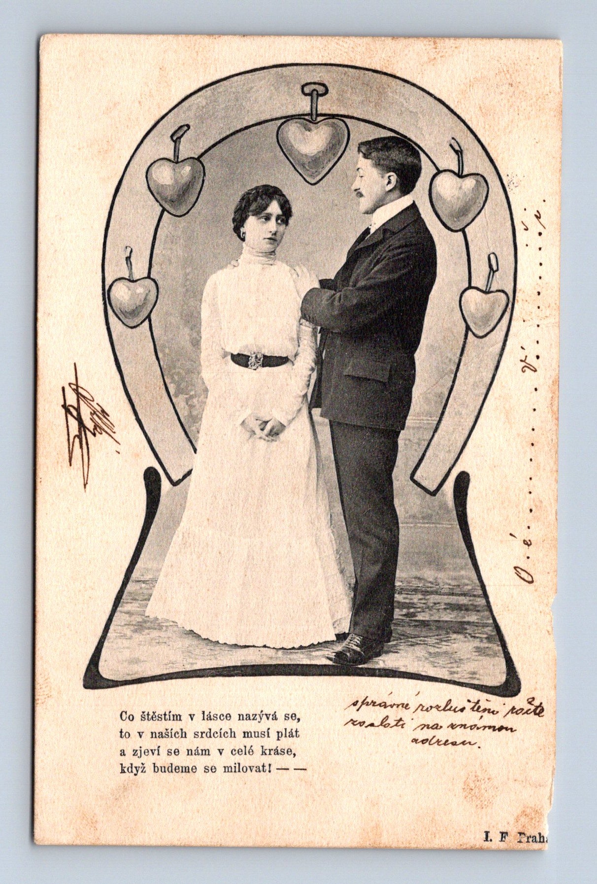 Pohlednice milenecký pár secese podkova kolem 1905 (M30383)