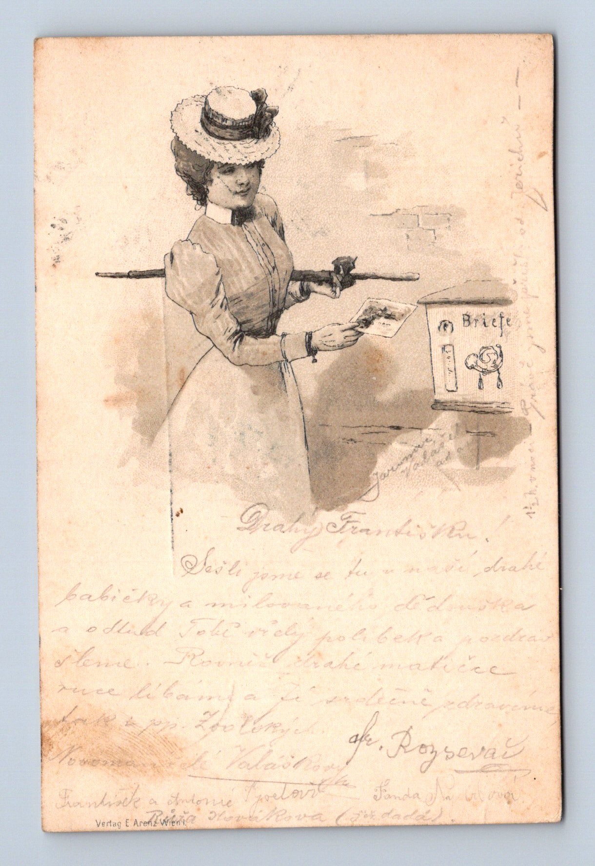 Pohlednice žena u poštovní schránky 1908 (M30385)