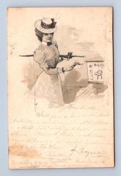 Pohlednice žena u poštovní schránky 1908 (M30385)
