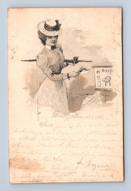 Pohlednice žena u poštovní schránky 1908 (M30385)