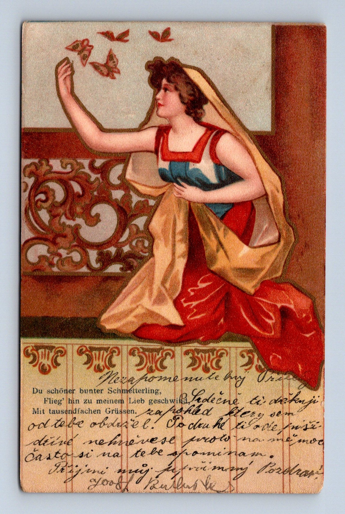 Pohlednice žena s motýly secese 1904 (M30388)