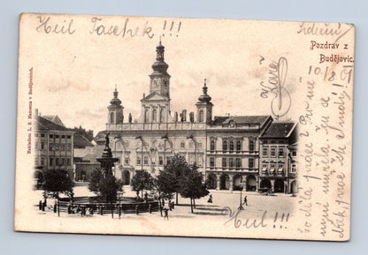 Pohlednice České Budějovice náměstí radnice kašna 1907 (M30402)