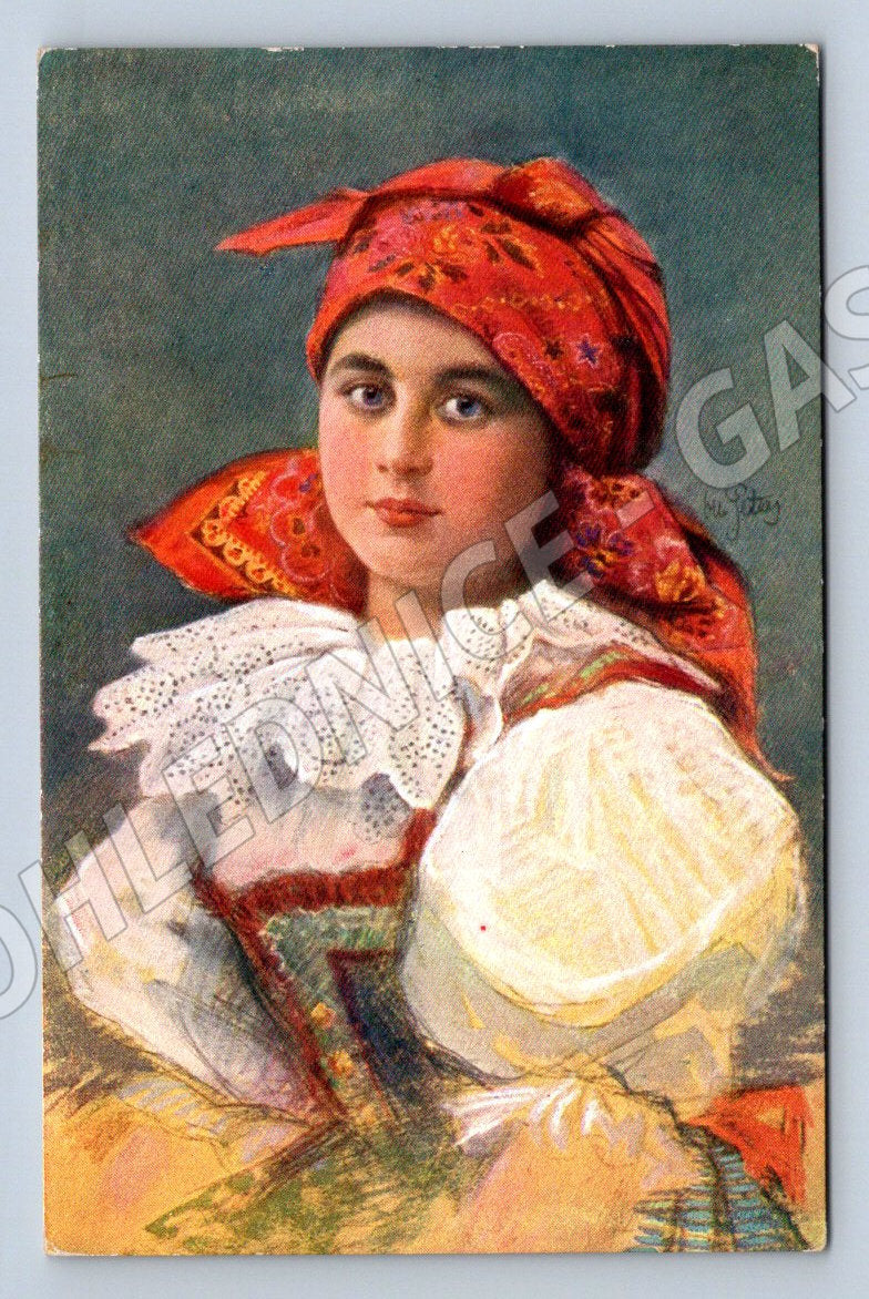 Postcard young woman in folk costume Minerva Prague (M3041)