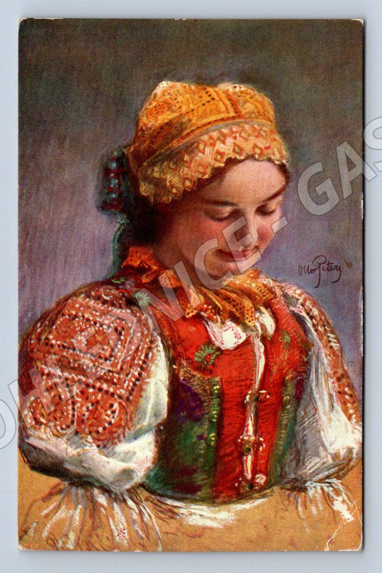 Postcard woman in folk costume Minerva Prague (M3042)