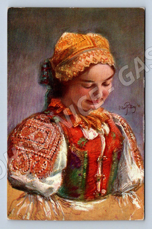 Postcard woman in folk costume Minerva Prague (M3042)