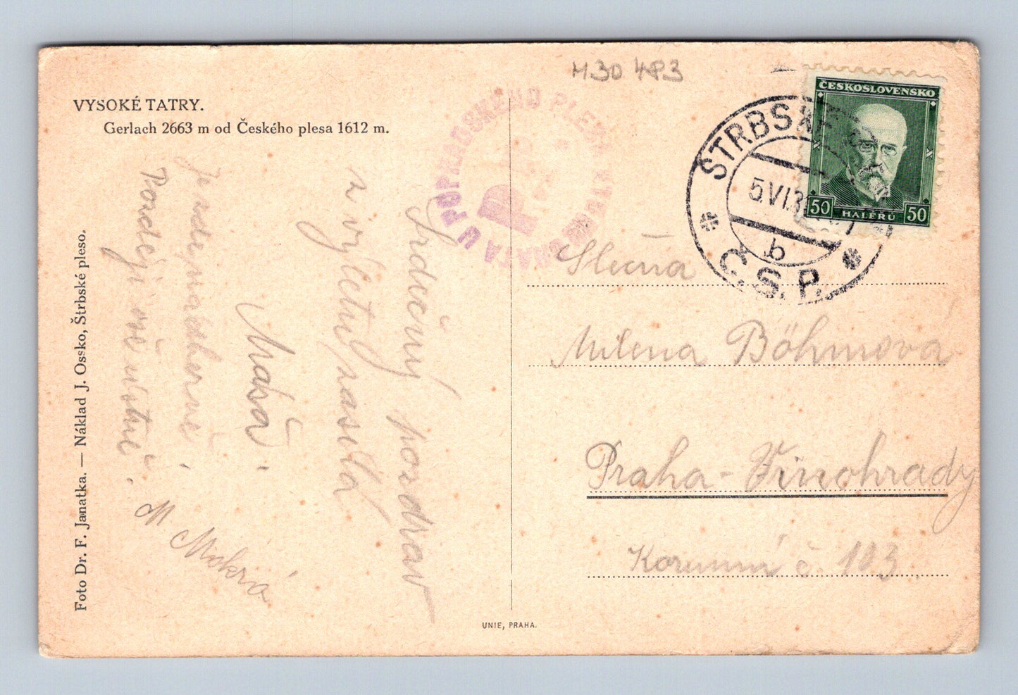Pohlednice Slovensko Vysoké Tatry Gerlach 1939 (M30483)