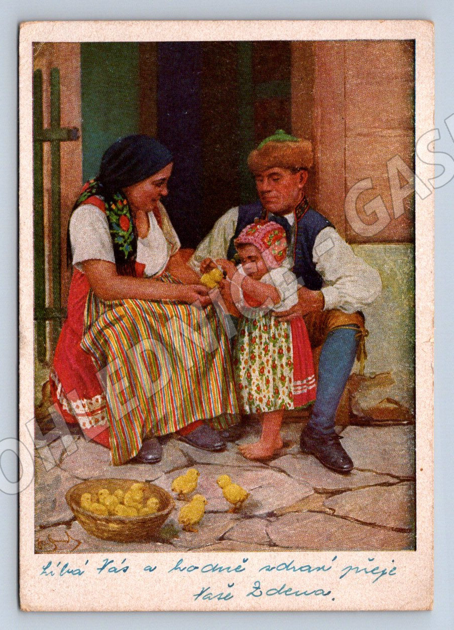 Postcard with traditional costumes and Easter chicks 1953 (M3053)