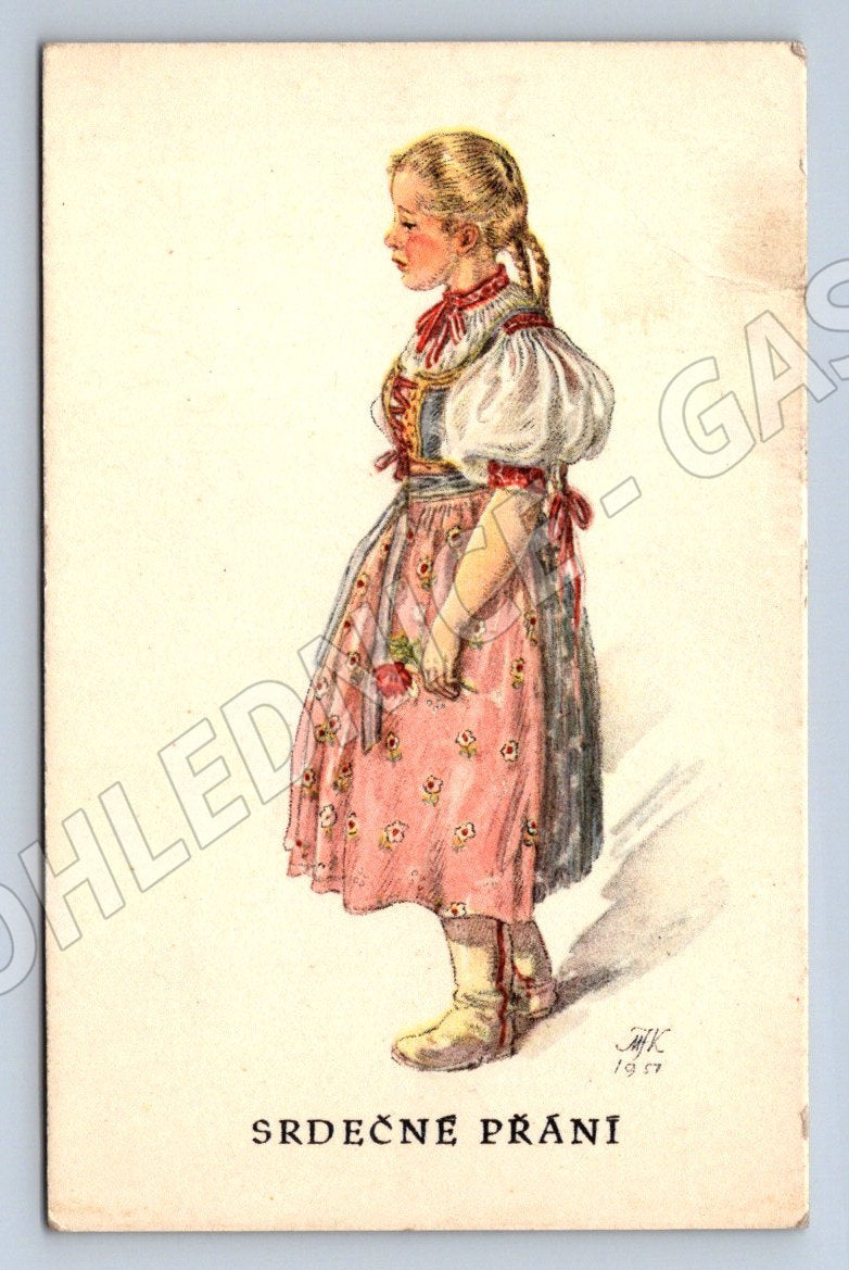 Postcard Heartfelt wishes girl in traditional costume M Fischerová Kvěchová (M3055)
