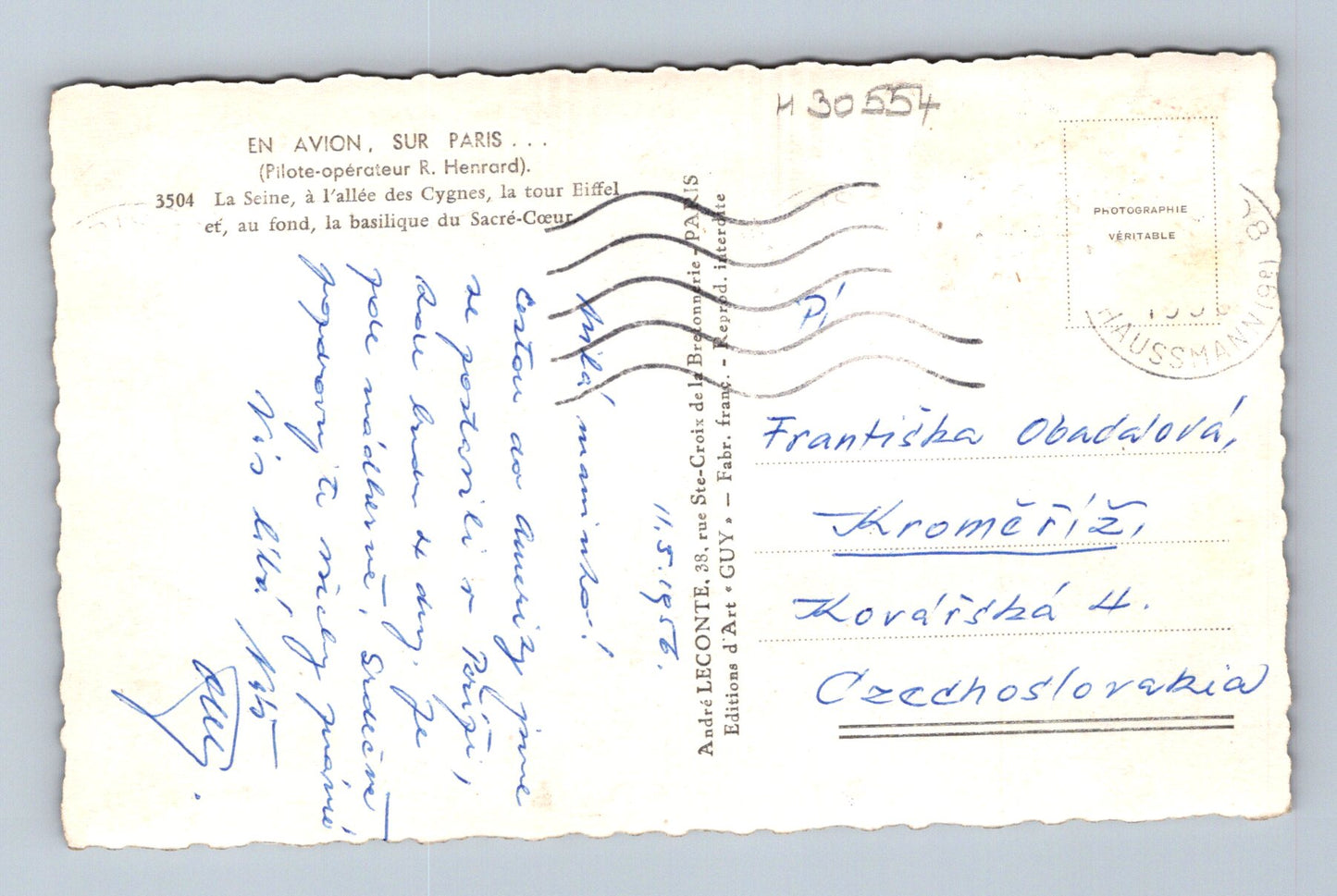 Pohlednice Francie Paříž letecký pohled Eiffelova věž 1952 (M30554)