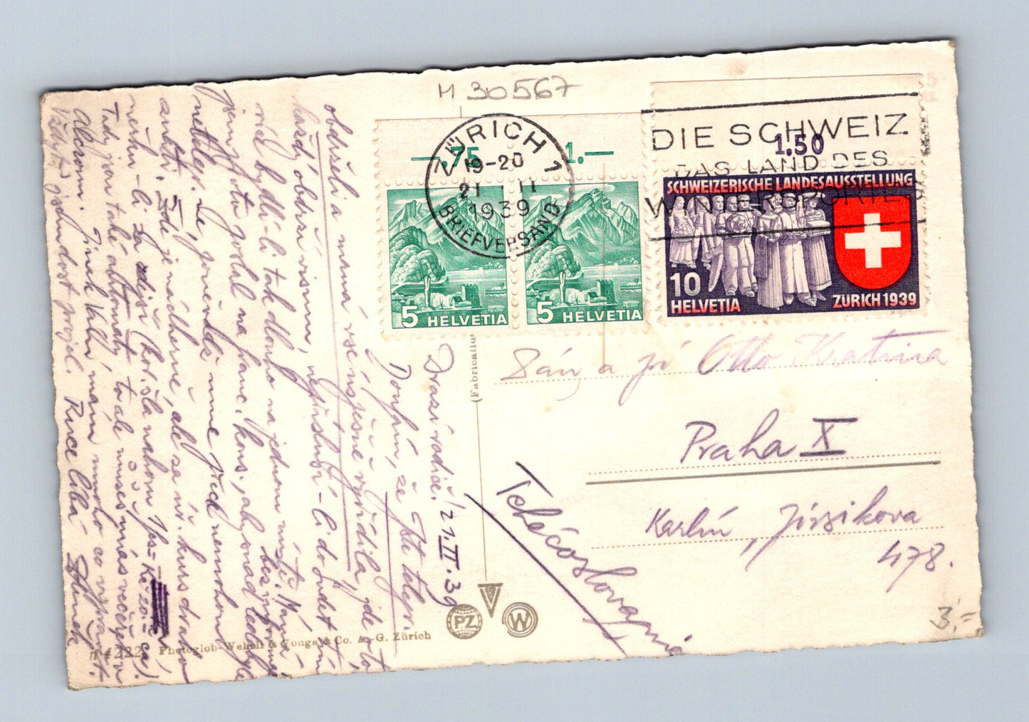 Pohlednice Švýcarsko Zürich Alpy 1939 (M30567)