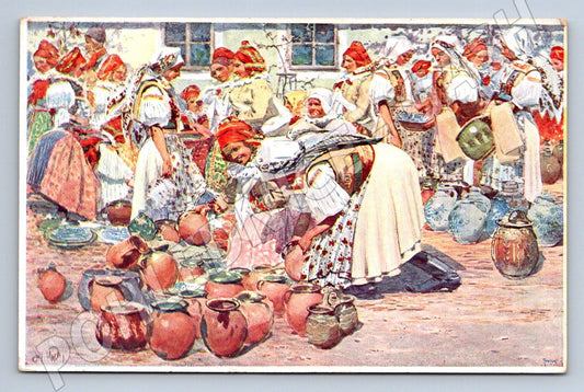 Postcard by Jož Uprka, folk motif of costumes and ceramics (M3068)
