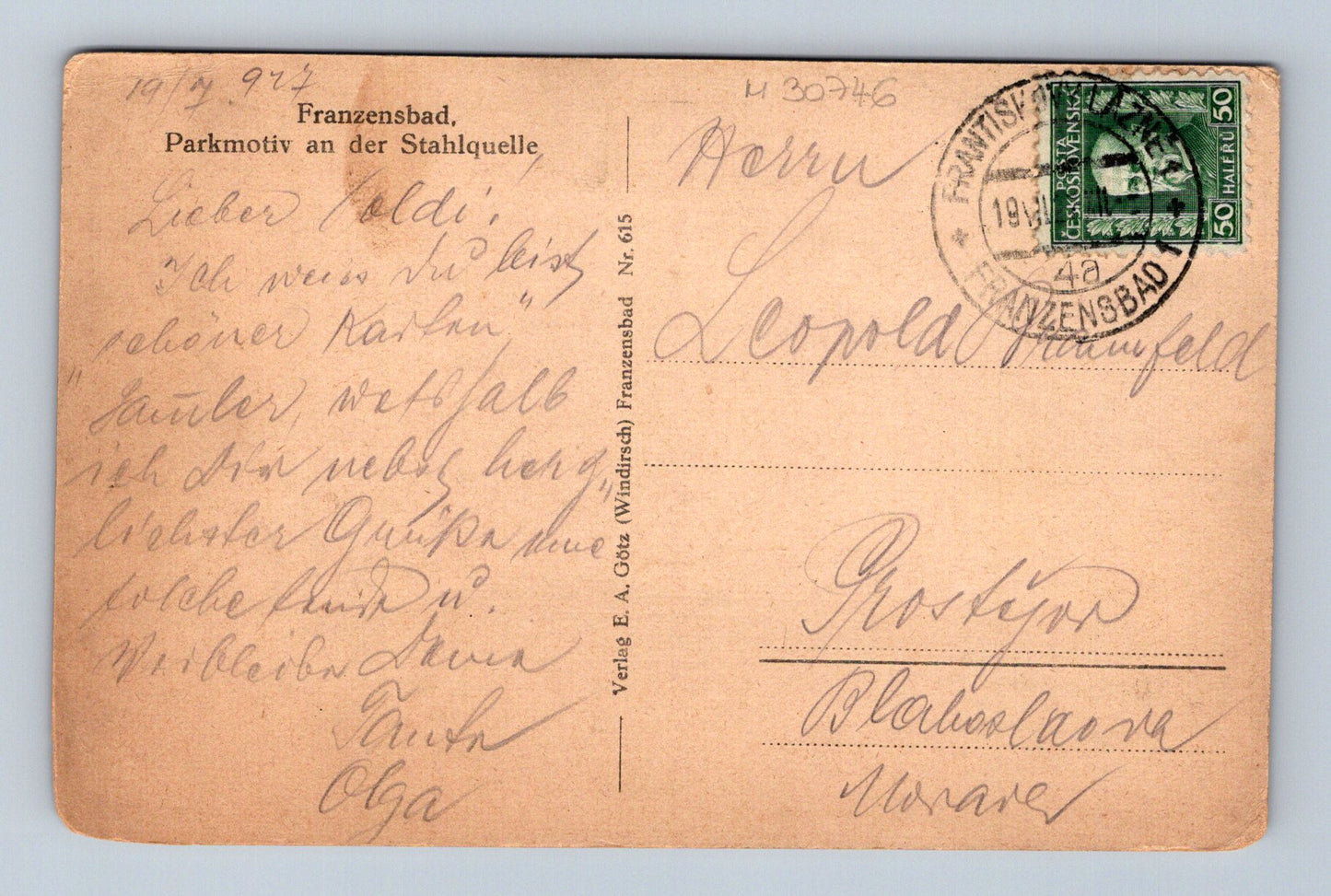 Pohlednice Františkovy Lázně park Stahlquelle 1923 (M30746)