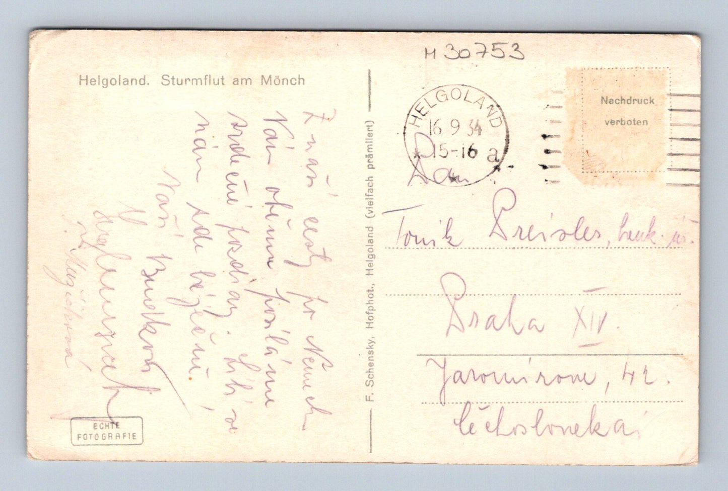 Pohlednice Německo Helgoland Sturmflut u Mönch 1934 (M30753)