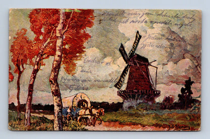 Pohlednice motiv větrný mlýn a vůz s koňmi c.1937 (M30811)