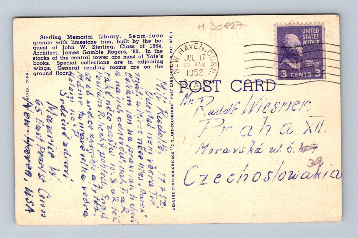 Pohlednice USA New Haven Sterling Memorial Library 1952 (M30827)