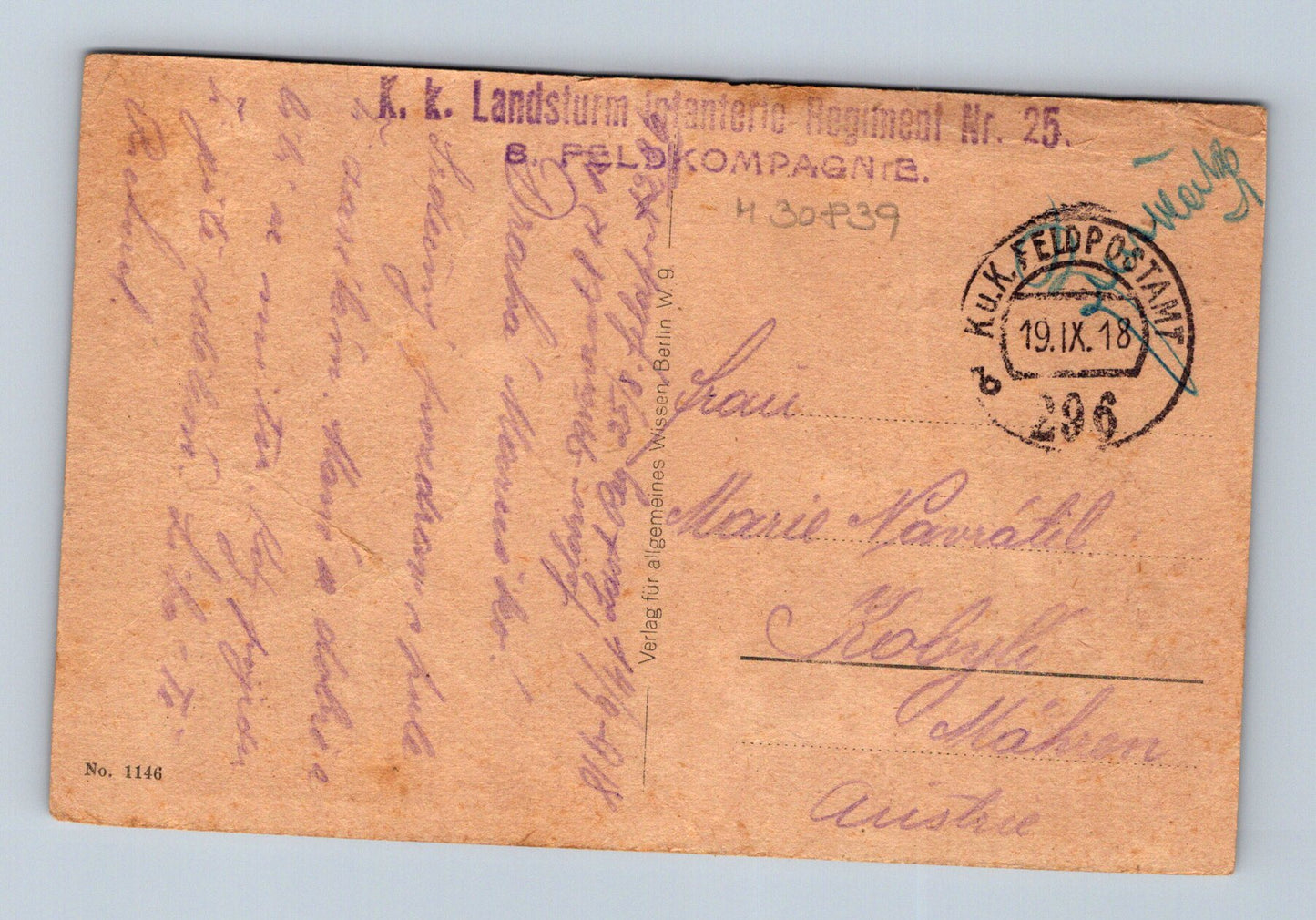 Pohlednice I. sv. válka kostel K.K. Feldpost 1918 (M30839)