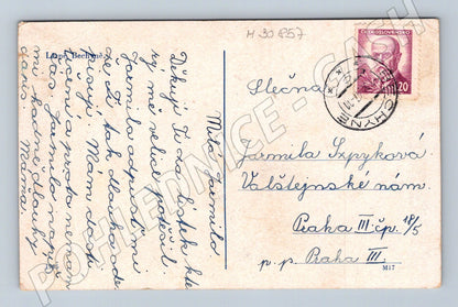 Pohlednice městská krajina s tiskárnou u řeky, cca 1930 (M30857)