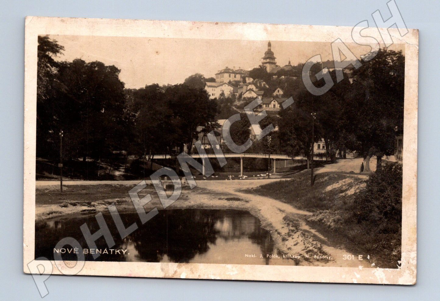 Pohlednice Nové Benátky s rybníkem a mostem 1935 (M30876)