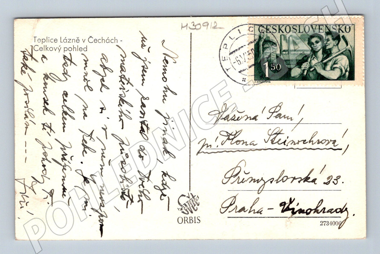 Pohlednice Teplice Lázně celkový pohled 1948 (M30912)