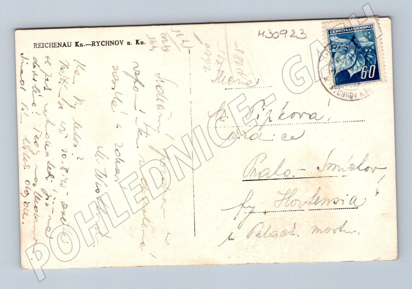 Pohlednice Rychnov n. Kněžnou zámek celkový pohled 1947 (M30923)
