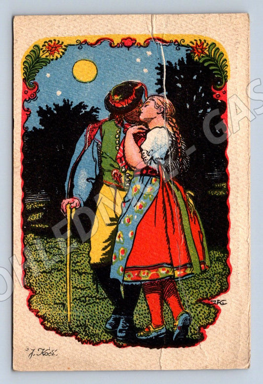 Postcard folk couple in costume under the moon military stamp (M3093)
