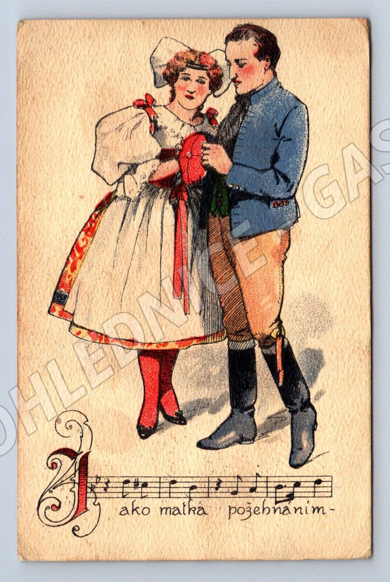 Postcard folk costume music military stamp (M3094)