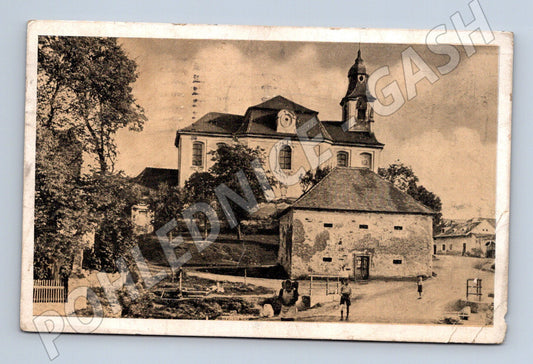 Pohlednice Lidice Kostel a stará sýpka 1950 (M30951)