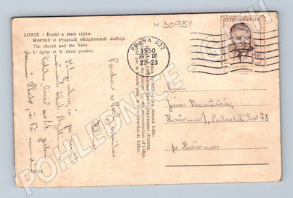 Pohlednice Lidice Kostel a stará sýpka 1950 (M30951)
