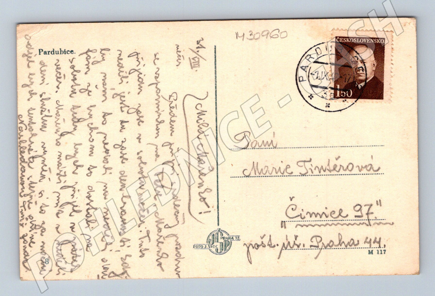 Pohlednice Pardubice náměstí kostel a věž 1941 (M30960)