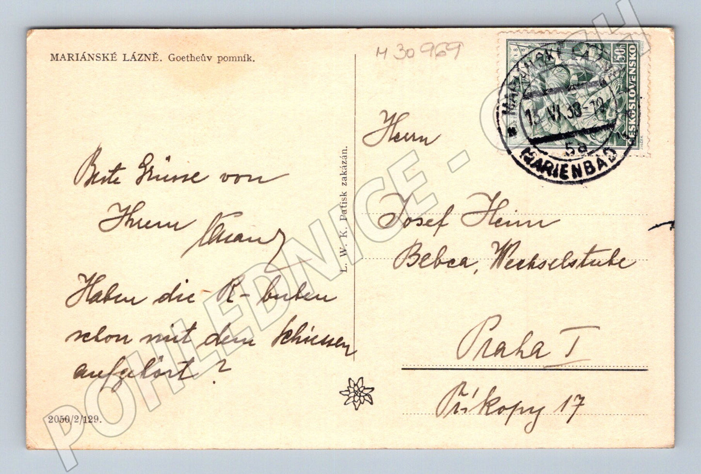 Pohlednice Mariánské Lázně Goetheův pomník 1938 (M30969)