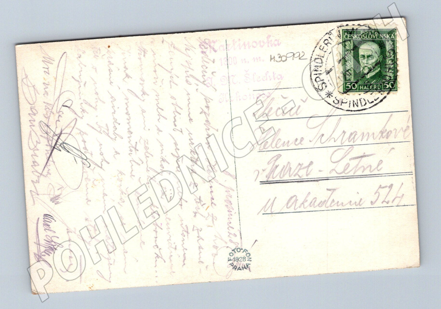 Pohlednice Krkonoše Sněžka moře mlhy 1928 (M30992)