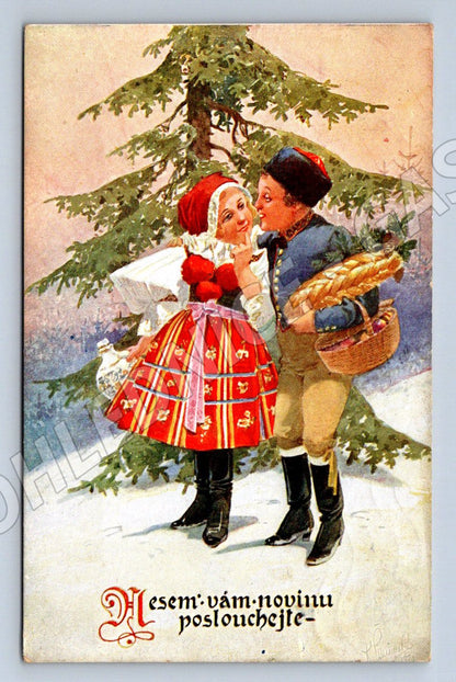 Postcard Christmas greetings folk costumes Karel Šimůnek 1920 (M3100)
