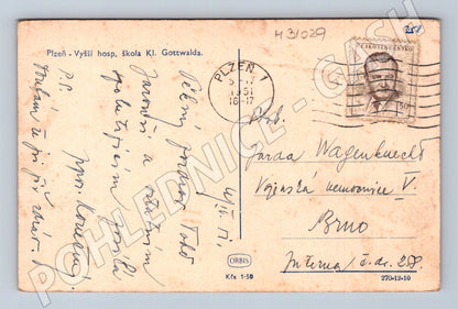 Pohlednice Plzeň Vyšší hosp. škola Kl. Gottwalda 1951 (M31029)