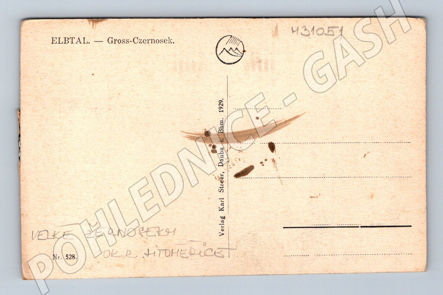 Pohlednice Velké Žernoseky kostel 1929 (M31051)