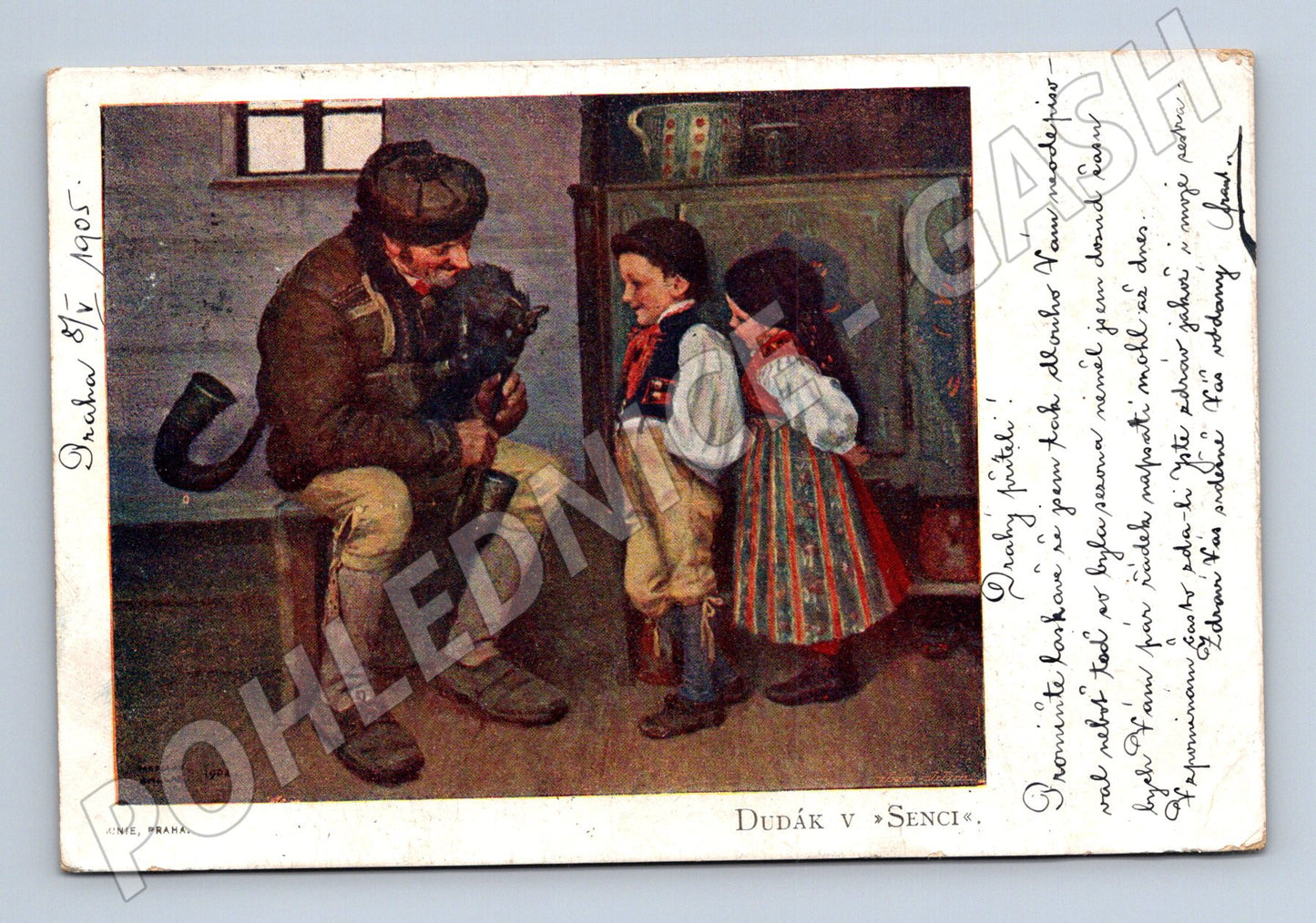 Pohlednice Dudák v Senci žánrový výjev 1905 (M31090)