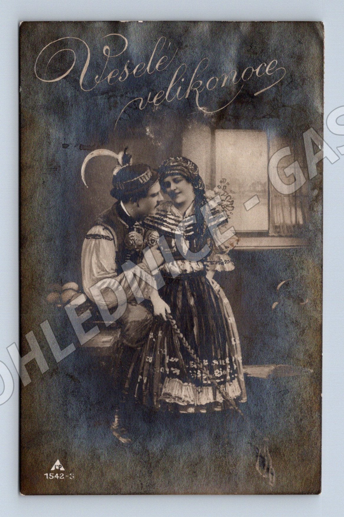 Pohlednice Mariánské Hory Veselé Velikonoce žena v kroji 1907 (M31094)