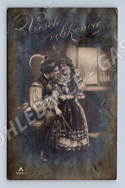 Pohlednice Mariánské Hory Veselé Velikonoce žena v kroji 1907 (M31094)