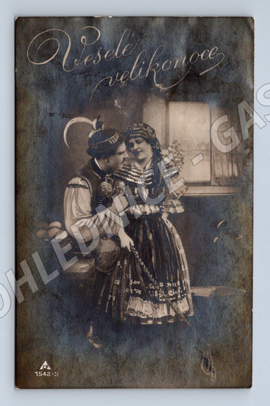 Pohlednice Mariánské Hory Veselé Velikonoce žena v kroji 1907 (M31094)